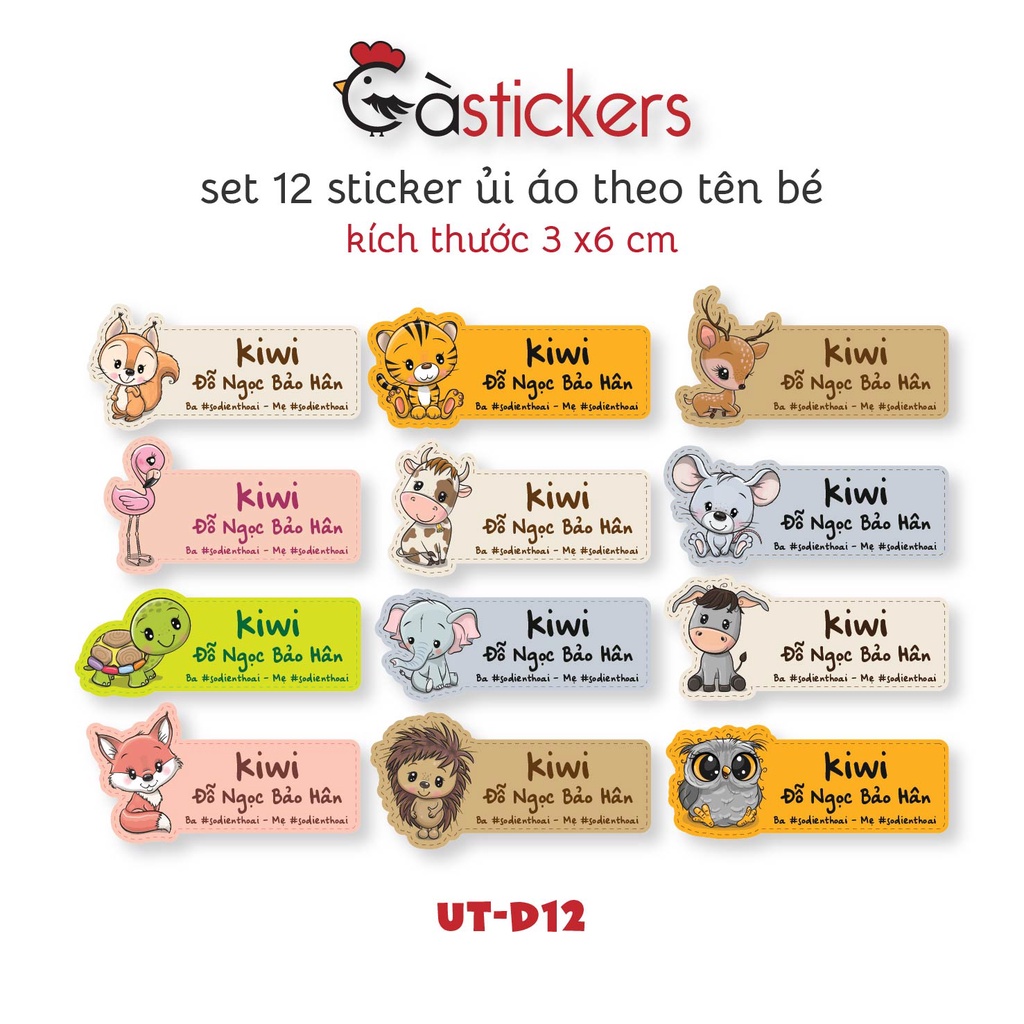 Sticker ủi áo in tên trẻ em GaStickers UT-D12- bộ 12 miếng kích thước 3 x 6 cm