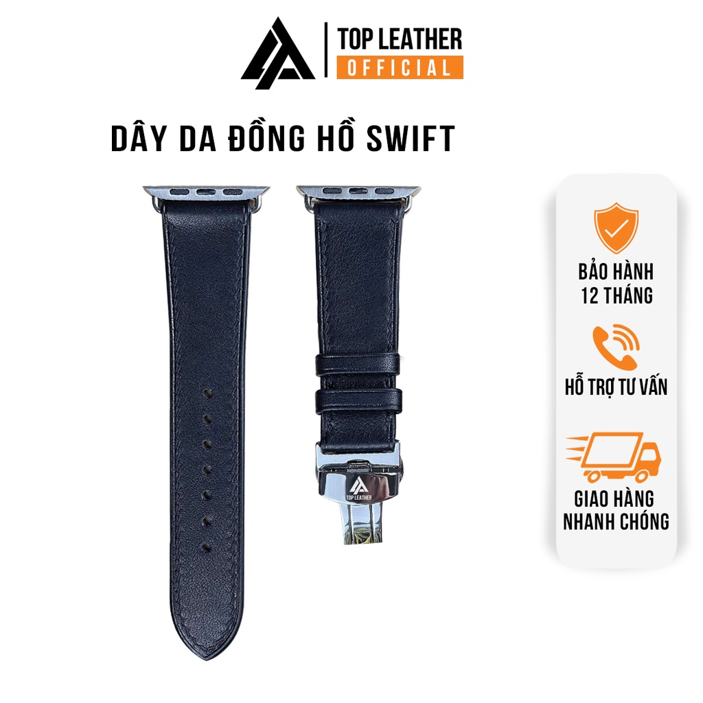 Dây đeo đồng hồ handmade dành cho AppIe Watch da bò Swift đen lót Zermatt full series 3/6/7/8/SE/Ultra Top Leather