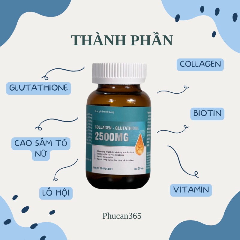 Viên uống trắng da glutathione colagen 2500mg hộp 30 viên da trắng bật tông tức thì