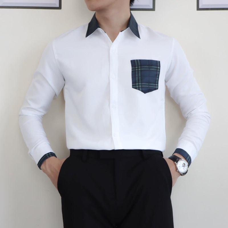 sơ mi lụa TD phối viền sọc cổ và tay phối túi
