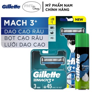 Combo Dao Cạo Râu Gillette Mach3+ + đầu lưỡi thay thế + Kem Bọt cạo râu 175g Mach3 Basic , Mach 3 Classic