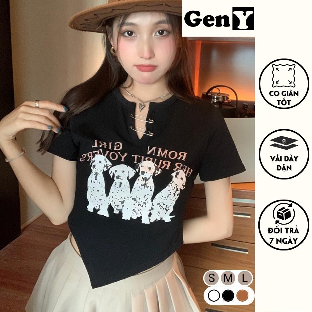 Áo croptop nữ vạt nhọn ngắn tay in hình những chú chó dễ thương GenY, Áo kiểu nữ ôm body -C19-