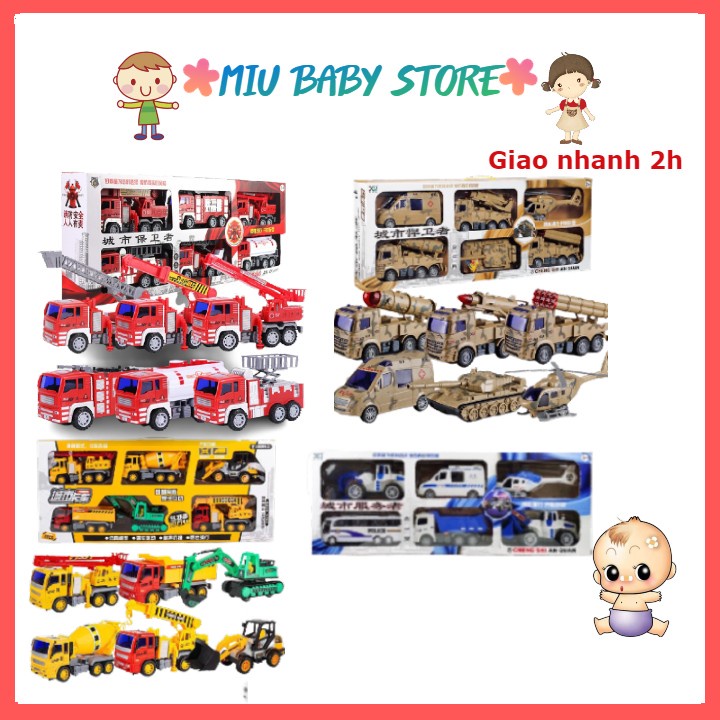 Đồ chơi ô tô trẻ em, Set 6 xe công trình, xe cứu hoả, xe quân sự , xe cảnh sát ô tô đồ chơi cho bé