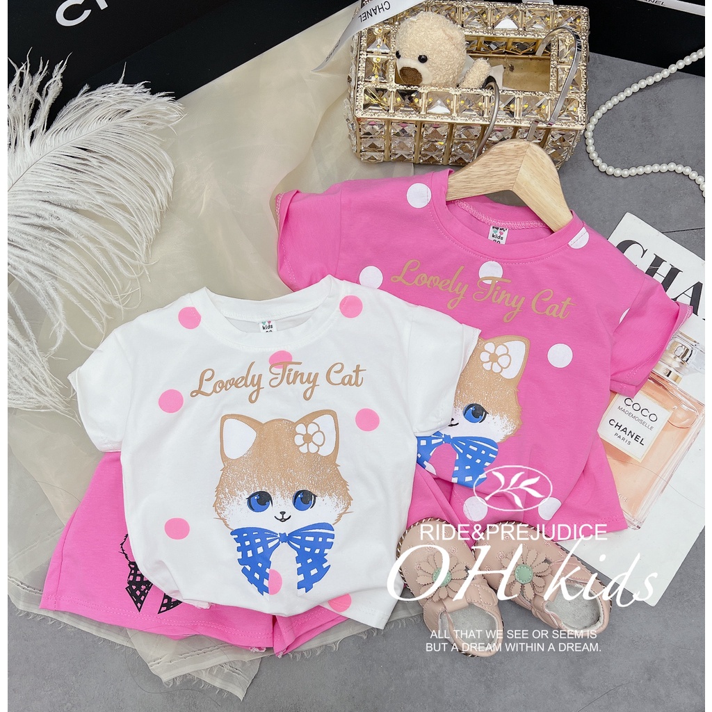 Đồ bộ bé gái , sét bộ quần áo chất cotton họa tiết mèo chấm bi tay rơi siêu xinh cho bé gái.