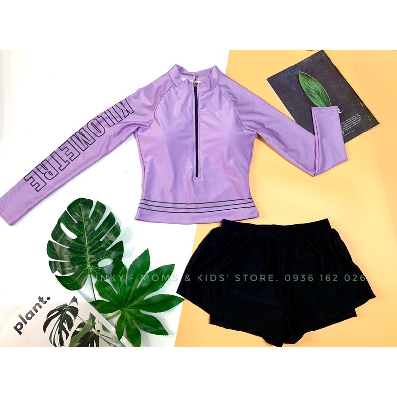 Đồ bơi nữ tay dài, áo tắm 2 mảnh kín đáo, chống nắng màu tím