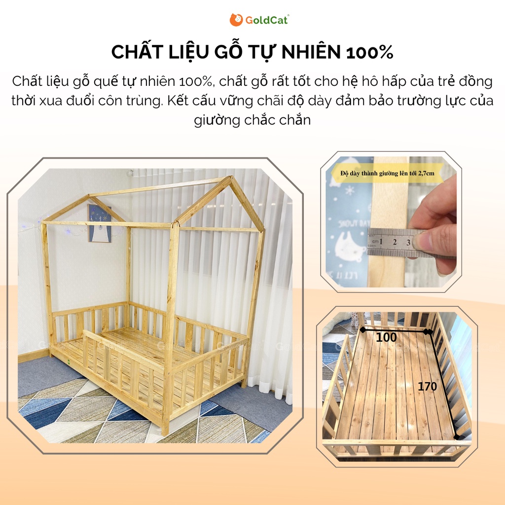 Giường Cho Bé Trai Hình Ngôi Nhà, Thương Hiệu GoldCat, Chất Liệu Gỗ Quế Tự Nhiên, Đảm Bảo Bền Chắc, Sử Dụng Từ 3-15 Tuổi