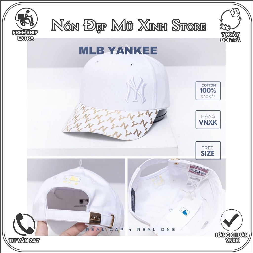 NÓN LƯỠI TRAI Yankee MLB NY, lưỡi in hoạ tiết NY nhũ vàng, chất liệu kaki form đuôi cài, khoá kim loại cao cấp
