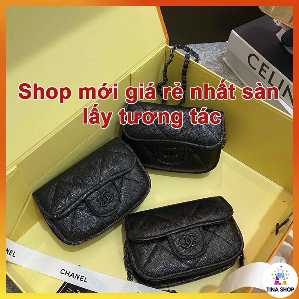 Túi Mini Nữ Đeo Chéo Da Hạt Logo Dây Xích Đen, túi túi xách nữ có dây đeo chéo TX61
