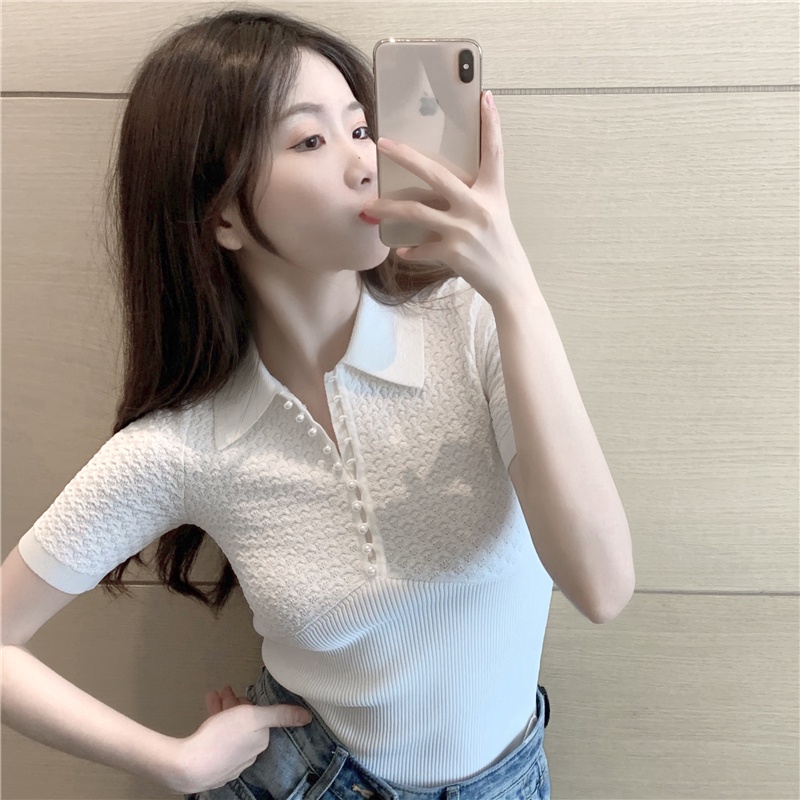 Áo thun polo ngắn tay dáng ôm vải lụa lạnh đính nút ngọc trai thời trang cho nữ