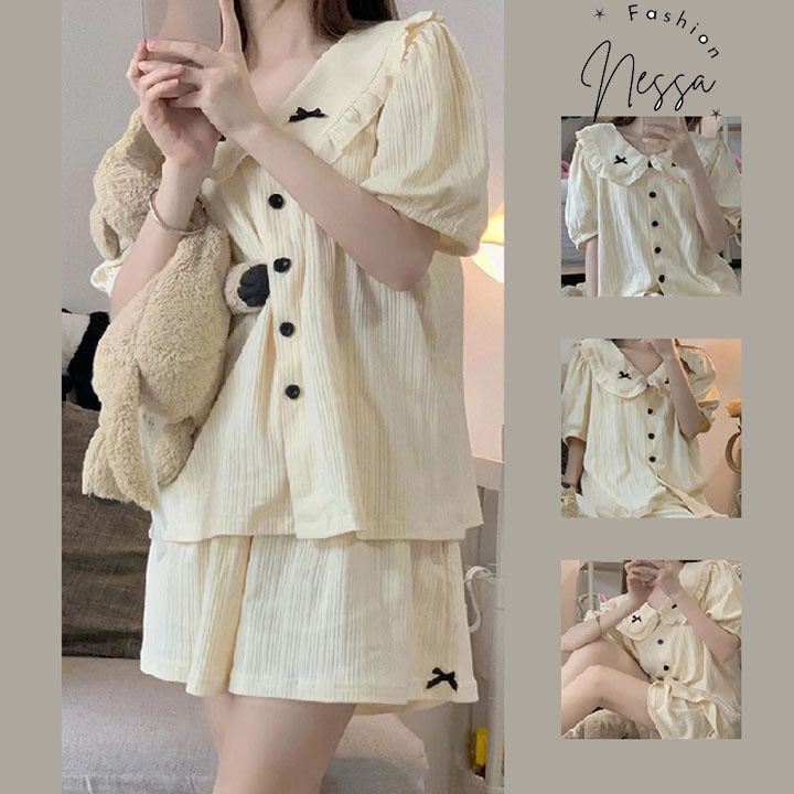 Pijama Bộ Đồ Ngủ Nữ Quần Áo Có Cổ Ngủ Mặc Ở Nhà Cộc Tay Đùi Ngắn Mùa Hè Đi Chơi Cute Nơ Kiểu Hàn QuốcBĐN72