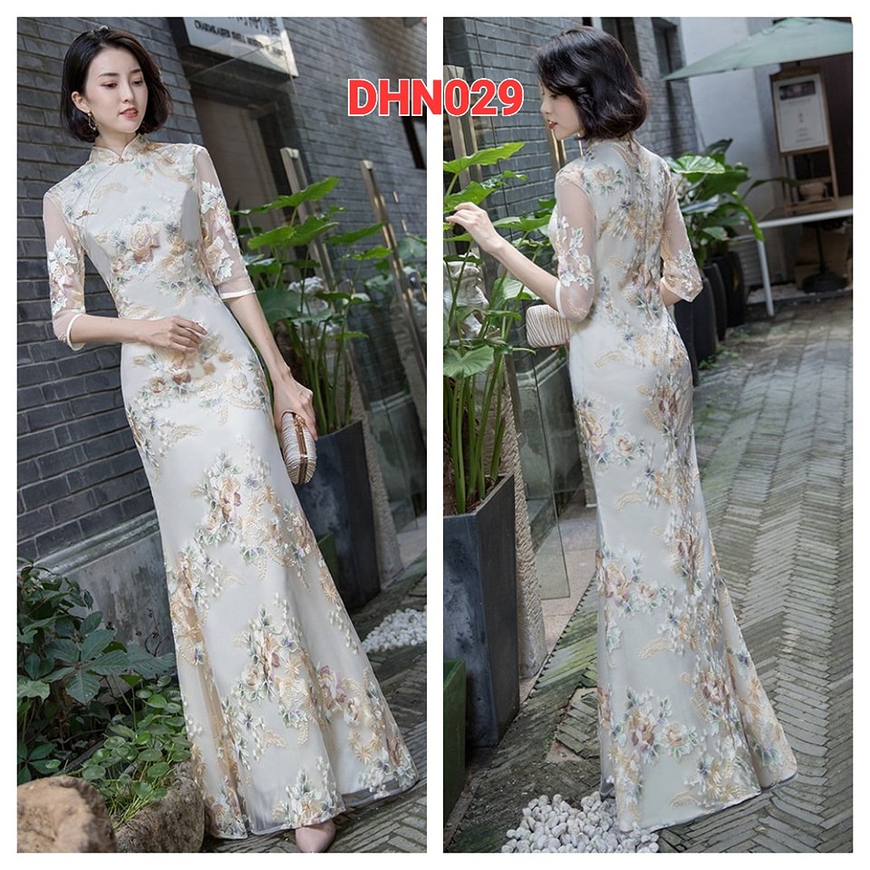 DHN029 ĐẦM SƯỜN XÁM DẠ HỘI CƯỚI MÀU KEM ĐUÔI CÁ DÁNG DÀI CỔ NÚT TÀU