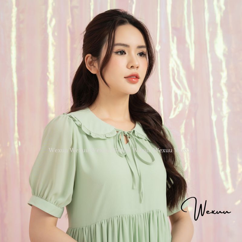 Đầm nữ babydoll cổ bèo buộc nơ chất tơ lót lụa cao cấp Wexuu, thiết kế dáng xòe nhẹ nhàng tiểu thư thanh lịch- V18