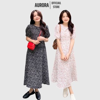 Váy đầm xòe hoa nhí cổ tròn nơ thắt eo sau thời trang AURORA