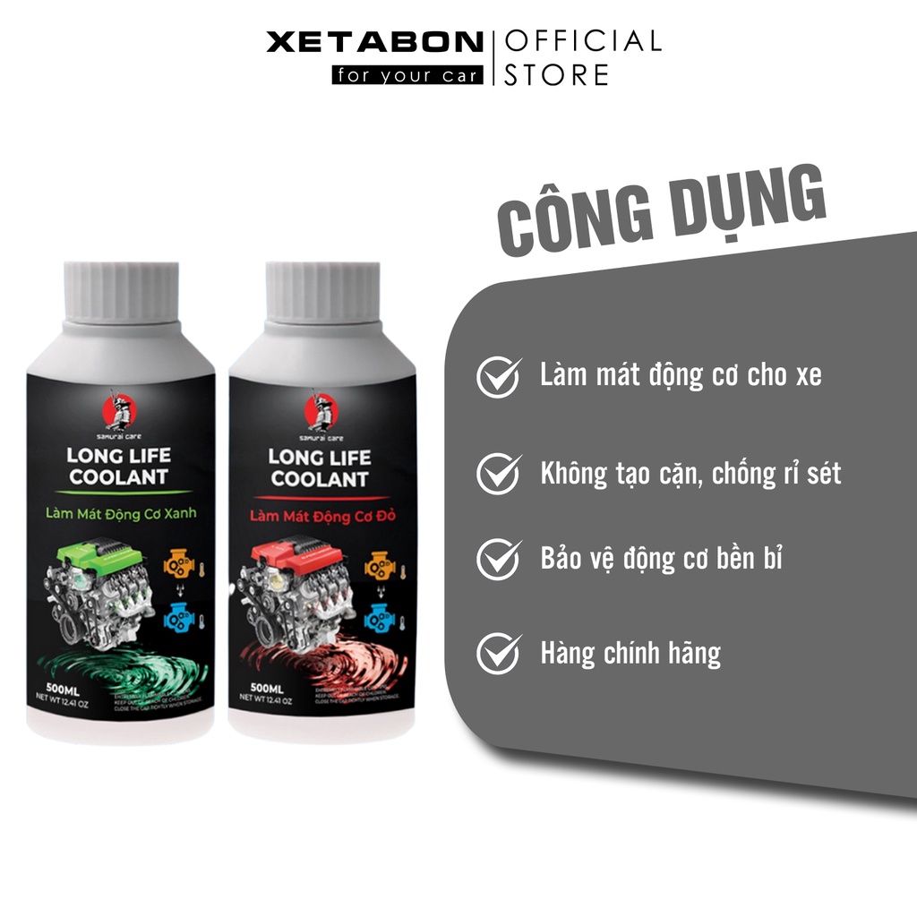 Nước làm mát động cơ ô tô Samurai Care màu đỏ và màu xanh 500ml