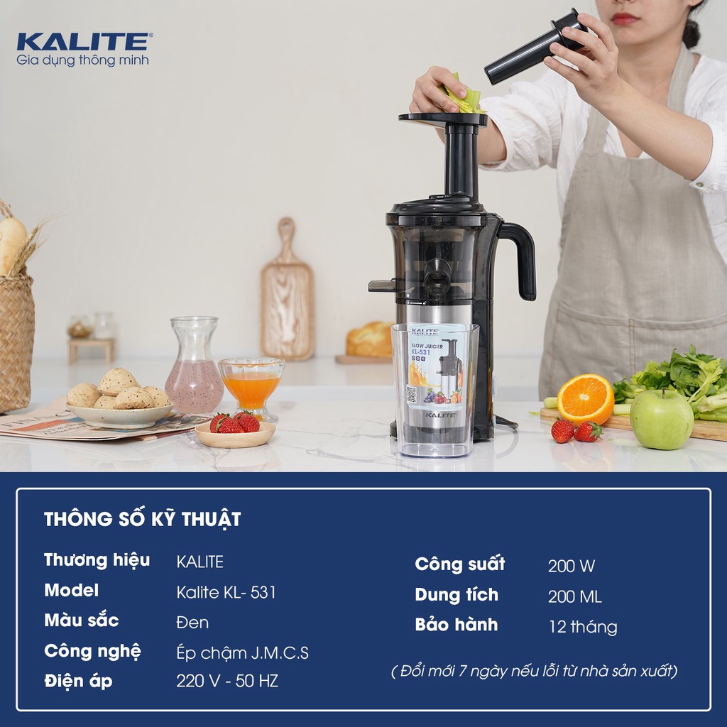 Máy ép chậm Kalite KL 531, công suất 200W, thân máy phủ inox 304, ép kiệt bã, chạy êm, Hàng chính hãng