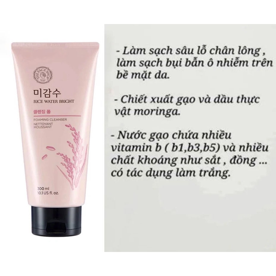 Sữa rửa mặt gạo The Face Shop Rice Water Bright Rice Bran Cleansing Foam TFS dưỡng ẩm sáng mịn da 150ml