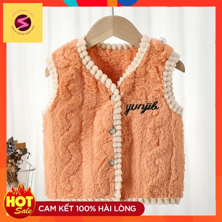 Áo khoác gile trẻ em, áo gi lê lông chữ thêu cao cấp hàng quảng châu không rụng lông bé trai bé gái