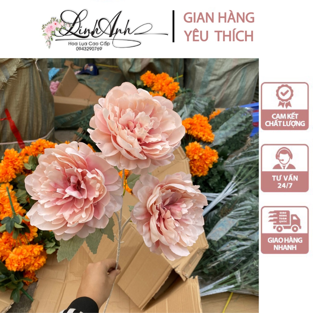 Hoa Mẫu Đơn Pháp Bông Size Đại - 1 Cành 3 Bông Nở Hàng Nhập Khẩu Cao Cấp