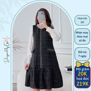 Váy bầu bigsize 40-100kg dạ tweed màu Đen dáng đuôi cá dây dọc phối tay trắng vải tuyết mưa cao cấp_ MB186