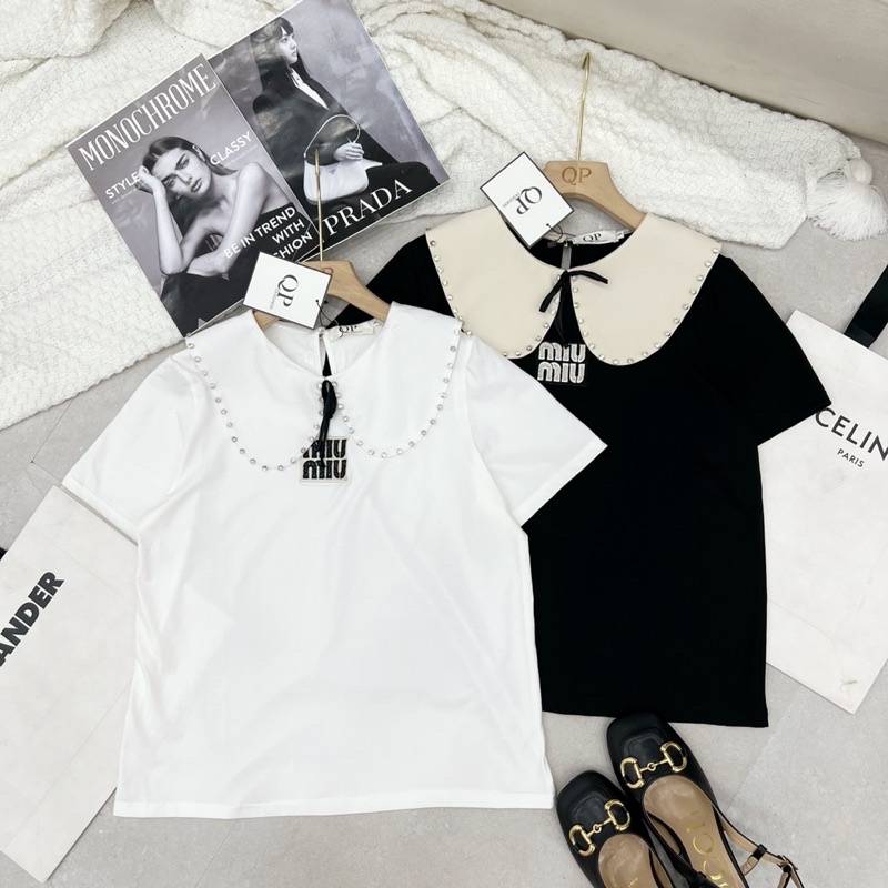 áo phông miu miu Qp cổ viền đá