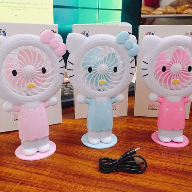 Quạt Cầm Tay Mini Pin Sạc Tích Điện Hello Kitty Có Đèn LED