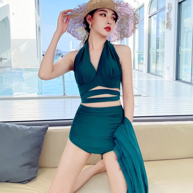 Set bikini 2 mảnh đồ bơi nữ kèm áo khoác voan mỏng cổ yếm | BigBuy360 - bigbuy360.vn