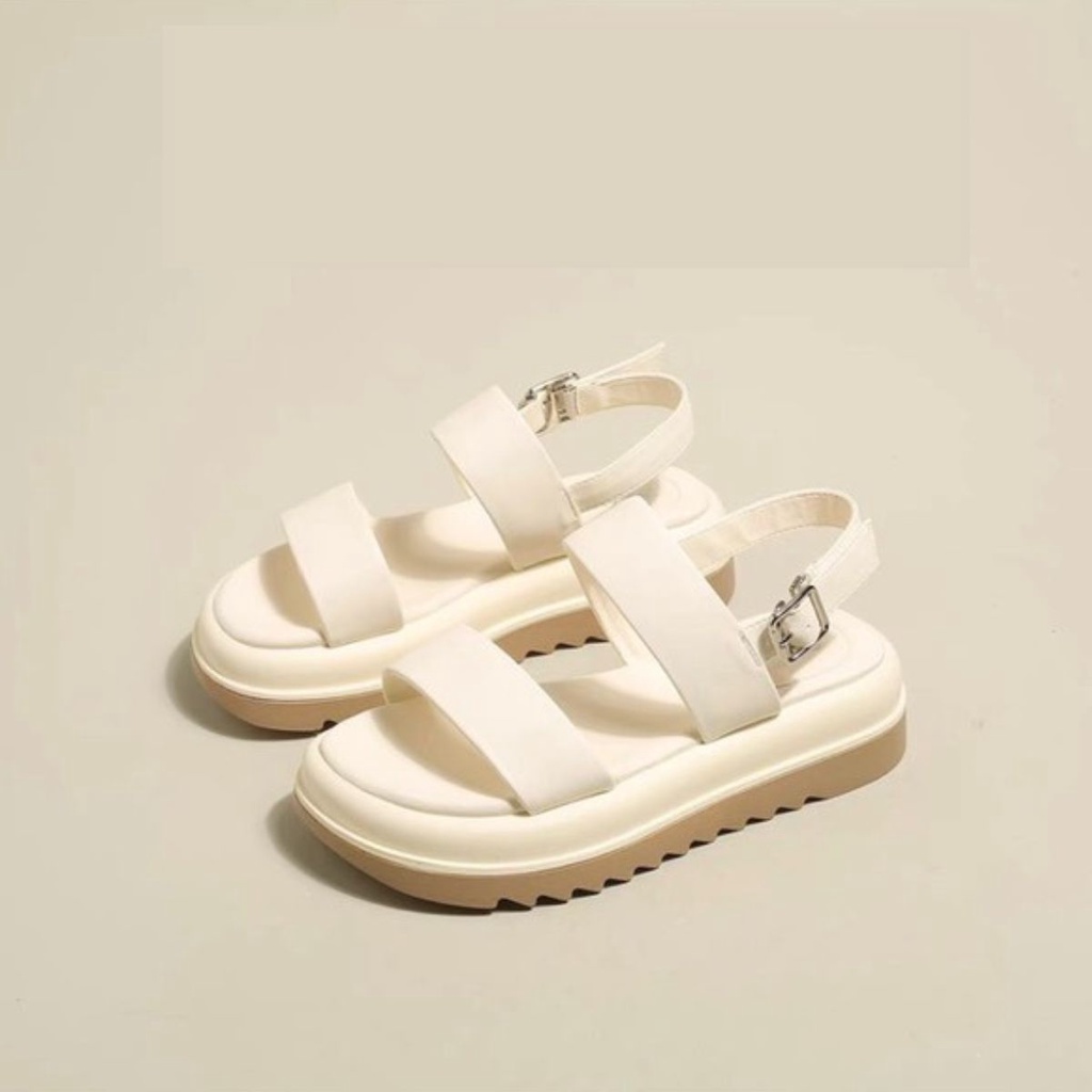 Sandal da quai ngang nữ, xăng đan 2 quai khóa cài đế độn cao 4cm da PU [Lù store] SD06