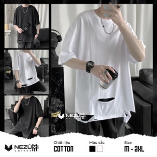   Sẵn đen trắng  Áo thun tay lỡ rách gấu tạo layer hiphop đường phố - Áo phông unisex nam nữ 
