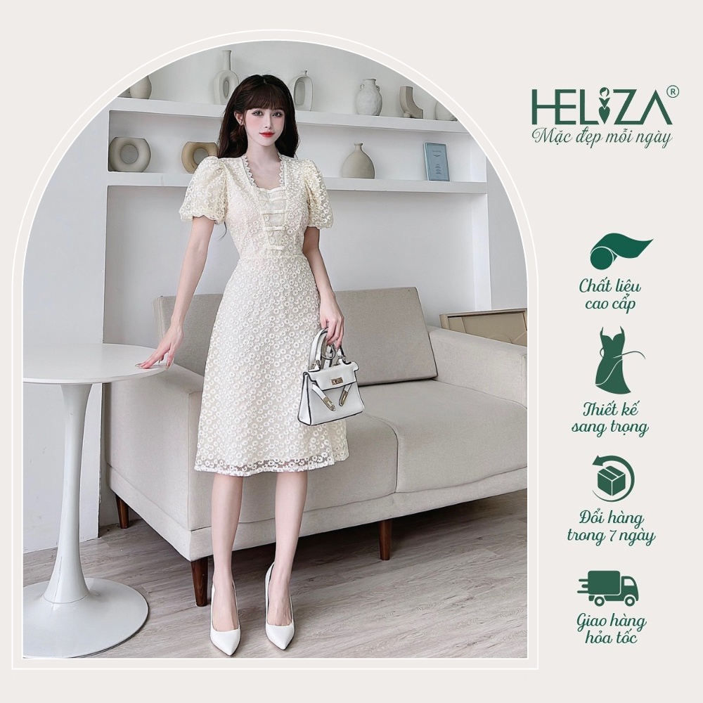 Đầm Ren tiểu thư họa tiết hoa nổi cao cấp Heliza Fashion SP000196