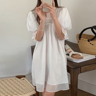 Đầm suông babydoll cho nữ cổ ren tay phồng dáng rộng
