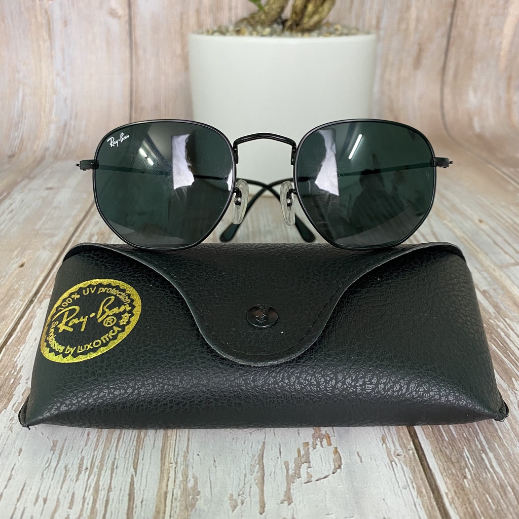 Kính rayban của ý, 2nd, tròng thủy tinh màu đen, đa giác. Dành cho cả Nam và Nữ. Ảnh thật