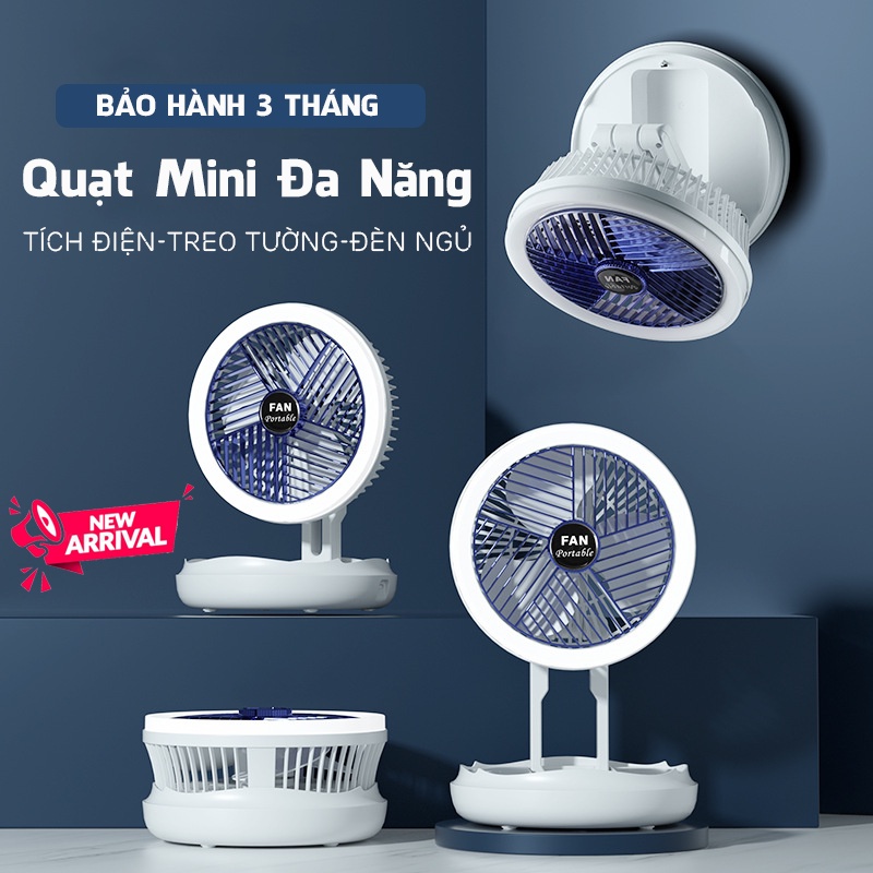 Quạt Tích Điện USB Có Đèn Làm Đèn Ngủ Có Thể Gấp Gọn- Pin 18650