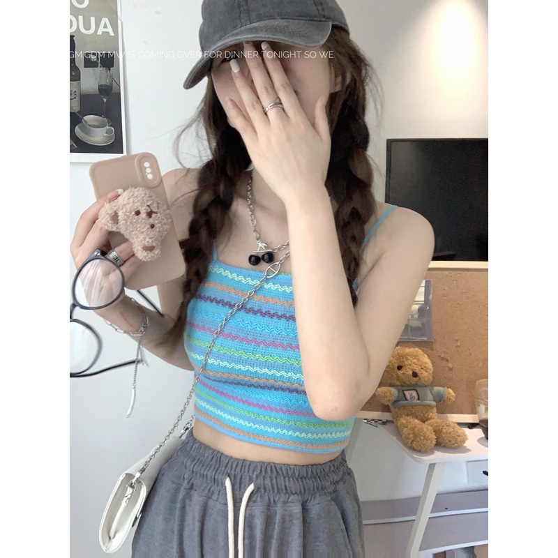 QADCOL Áo Hai Dây Dệt Kim Dáng Ngắn Phong Cách Pháp Thời Trang Mùa Hè Cho Nữ