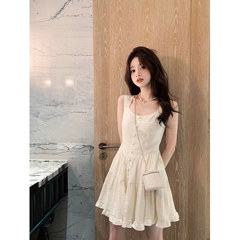Đầm váy ngắn 2 dây dáng xoè màu trắng phong cách tiểu thư con nhà giàu hàng quảng châu yame clothing