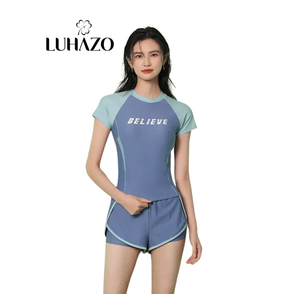 Đồ bơi nữ 2 mảnh ngắn tay quần đùi LUHAZO dáng phong cách thể thao kín đáo quần cạp cao che bụng có mút ngực 6890 C-7