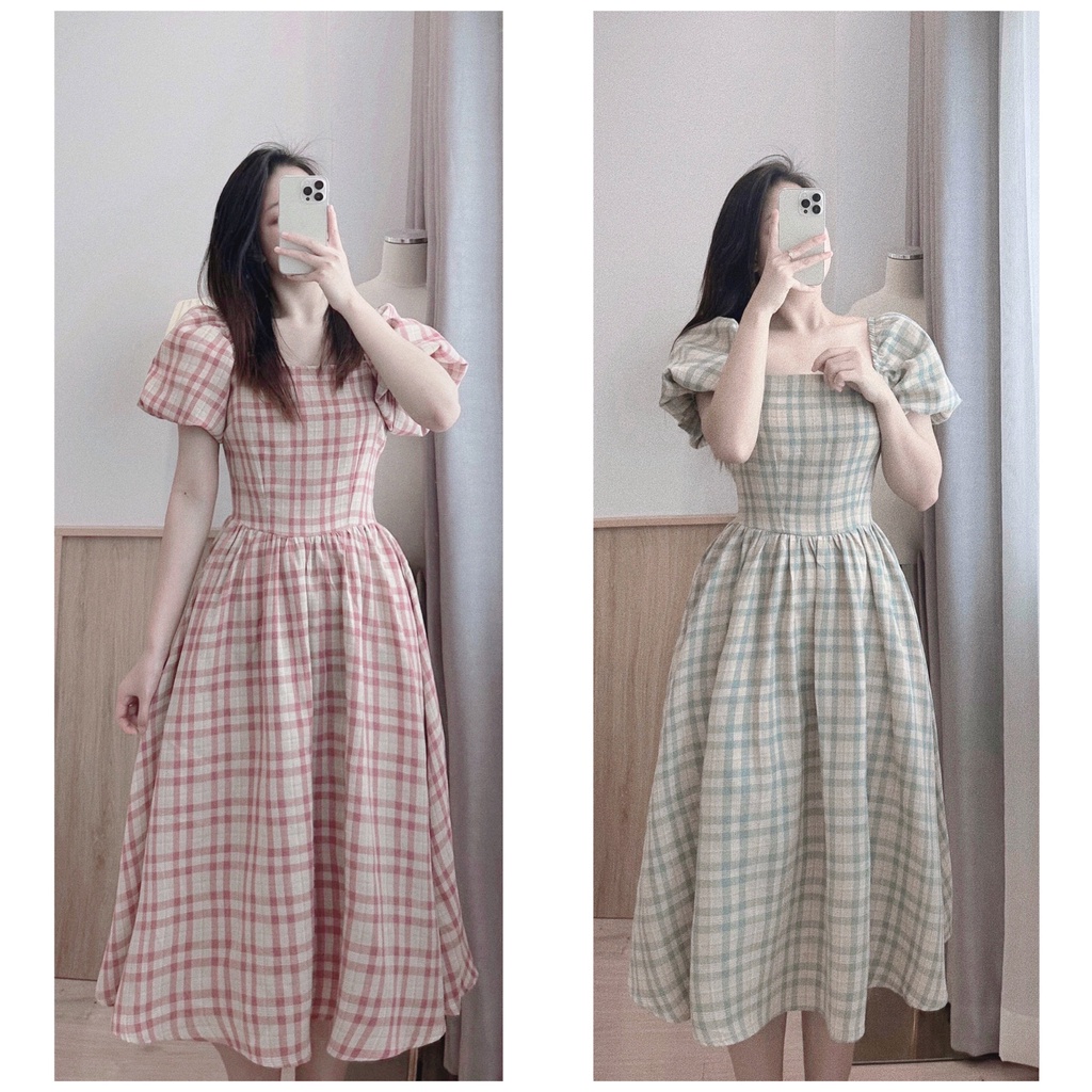 VÁY KẺ CỔ VUÔNG TAY BỒNG