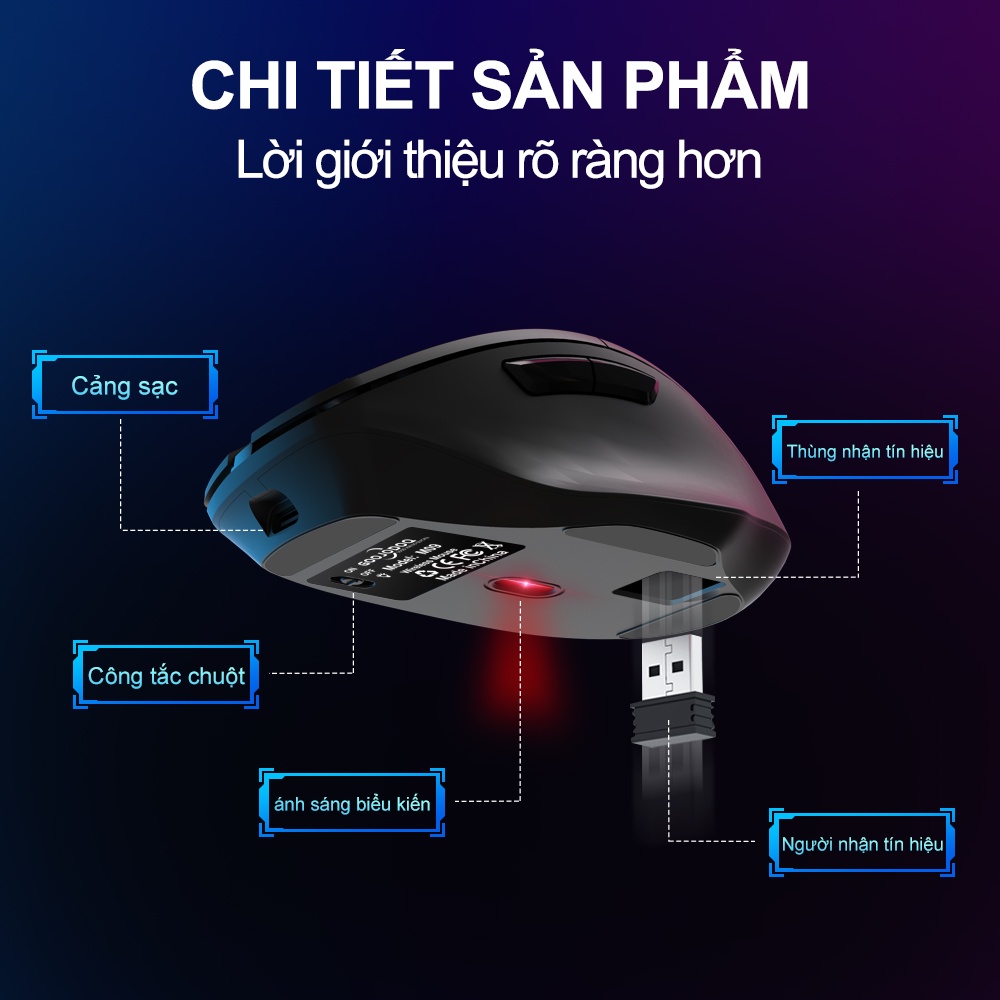 GOOJODOQ Chuột Không Dây 2.4Ghz Hiển Thị Pin Chuột Bluetooth Không Dây USB Cho Máy Tính/PC/Laptop