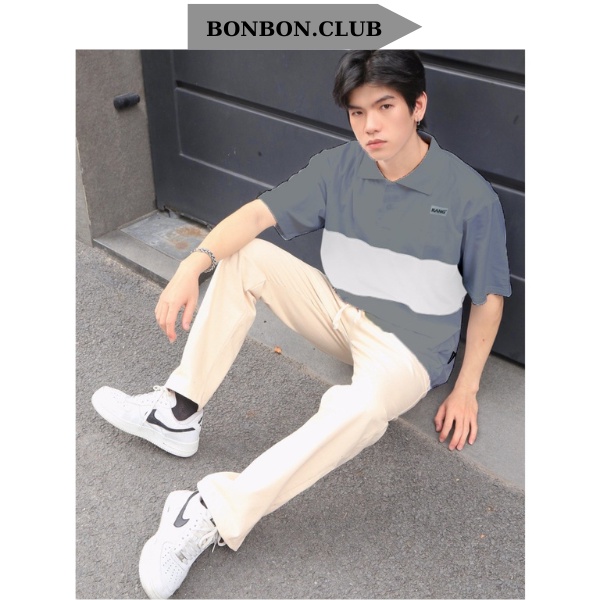 Áo Polo Thun Form Rộng Unisex Locadrand Nam Nữ Oversize Chất Vải Cá Sấu Cao Cấp 2 Màu Xám Sọc Trắng BONBON.CLUB