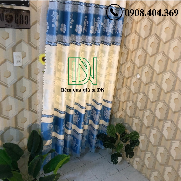 Rèm vải gấm hoa văn kẻ sọc 2 màu xanh biển và ghi xám siêu đẹp miễn phí công may.