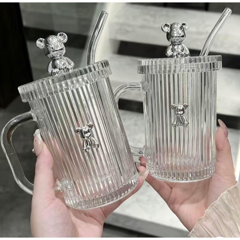 Cốc Thuỷ Tinh Giữ  Nhiệt Hình GẤU BEAR, Cốc Uống Trà Cà Phê Có Nắp Đậy Tặng Kèm Ống Hút Sang Trọng (TKHT1)SP41232709
