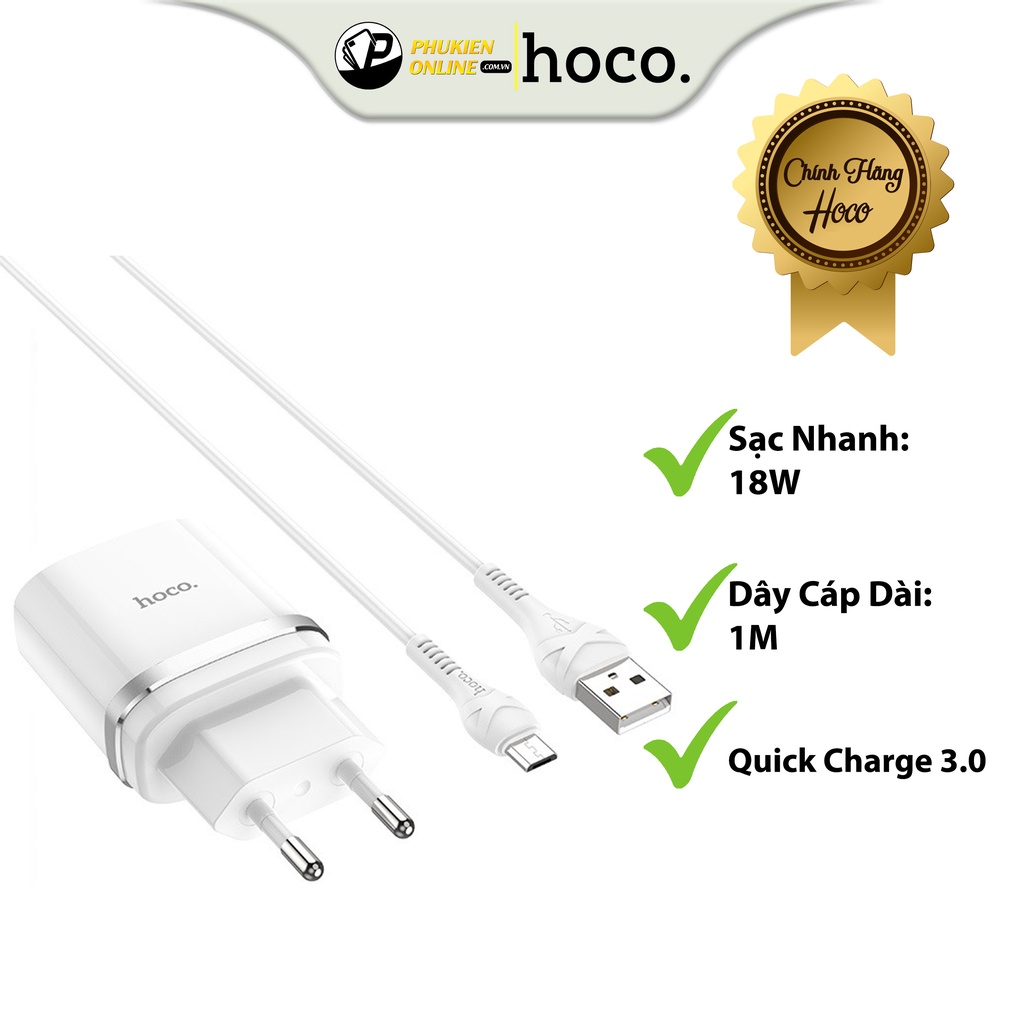Bộ sạc nhanh Hoco C12Q cổng USB 18W, Chống Cháy Dòng, Chống Cháy Nổ, QC3.0 đầu Micro, Type-C Android dây cáp dài 1m.