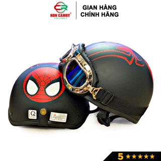 Nón bảo hiểm lưỡi chai nửa đầu NON CAMRY chính hãng, tem Spiderman cá tính, năng động, kèm kính phi công, UV