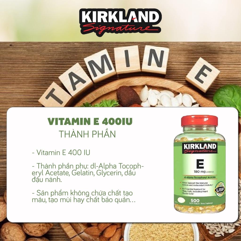 Viên uống bổ sung Vitamin E 400 IU 500 viên Kirkland Signature hỗ trợ làm đẹp da của Mỹ