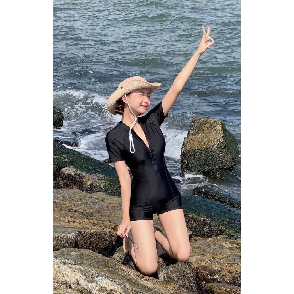 [ BKN 007 ] Đồ bơi nữ bikini đi biển một mảnh tay ngắn khóa kéo màu đen form shost sành điệu kín đáo HÀ BIKINI | BigBuy360 - bigbuy360.vn