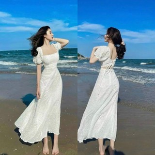 Đầm maxi dáng dài hở lưng đi biển, váy maxi cổ vuông tay phồng sang trọng