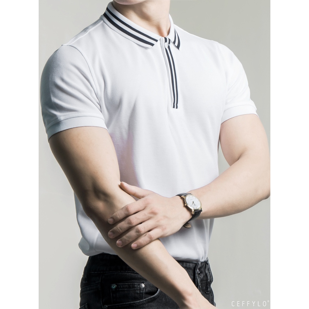 Áo Polo Nam Cộc Tay Phối Cổ Ceffylo Màu Trắng Chất Liệu Cotton Kiểu Dáng Trẻ Trung Form Slimfit Thời Trang Nam