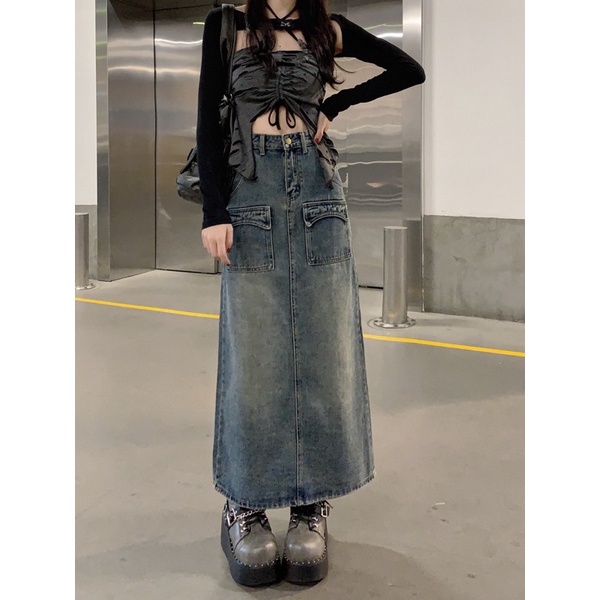 Chân váy denim dáng dài, chân váy jean dáng dài túi trước