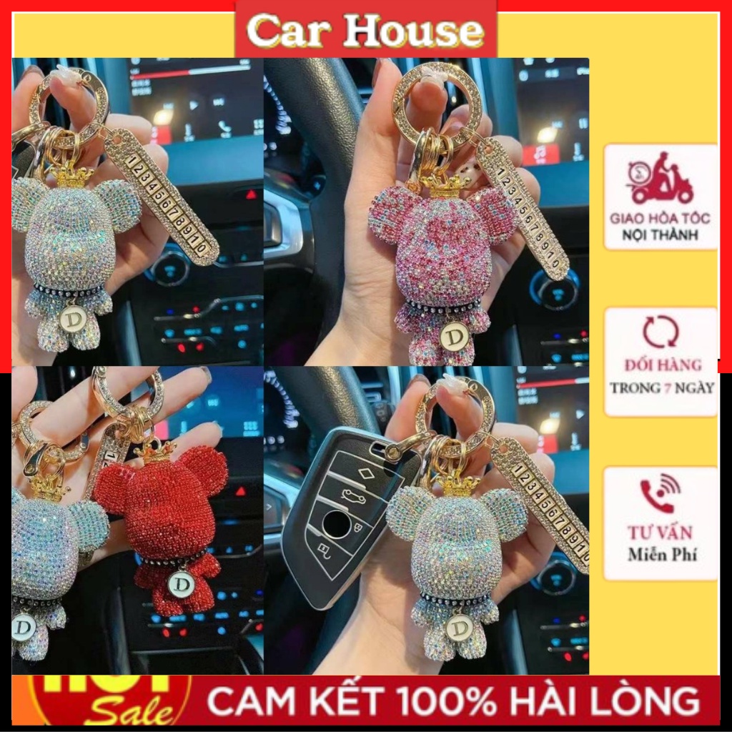Móc khóa Bearbrick Gấu đính đá kèm bảng số điện thoại thời thượng phụ kiện túi xách,Móc Khóa Ô Tô