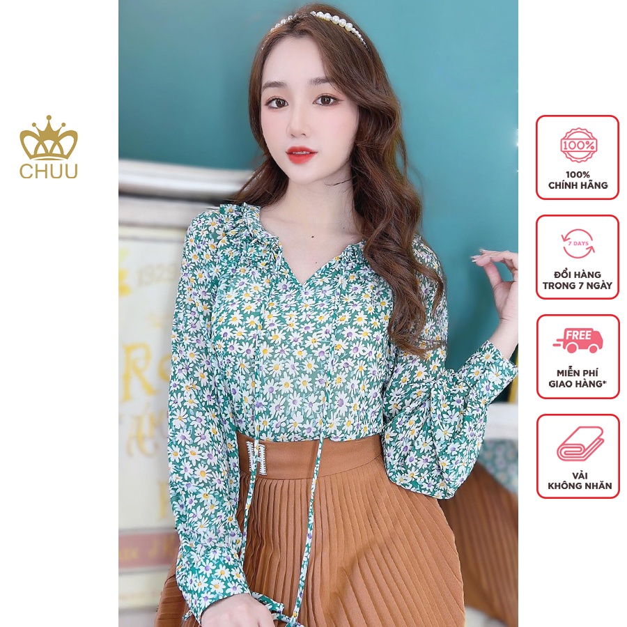 Áo sơ mi hoa công sở nữ tay dài kiểu cổ xếp li quạt giấy CHUU A9249