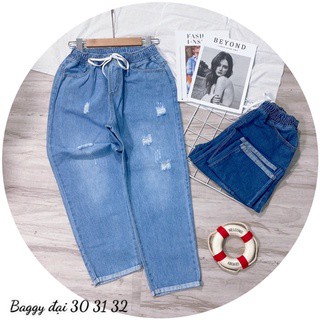 Quần Jean Baggy Nữ Lưng Thun Mẫu Rách Lật Lai 2 Màu